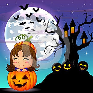 Halloween night background with cute little girl in basket pumpkin and scary tree house
