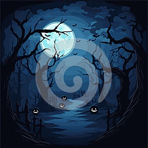 Halloween night background with dark forest and full moon, vector illustration.Generative AI