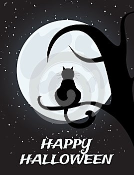 Halloween night background with full moon and black cat