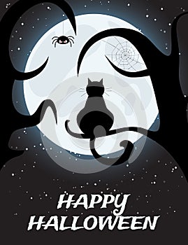 Halloween night background with full moon and cat on tree