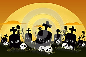 Halloween night background with a full moon, a cemetery and skeletons running away