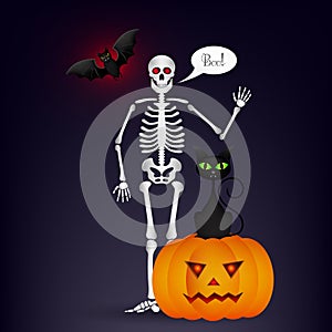 Halloween night background with full moon, cute dancing skeletons and bats.