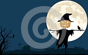 Halloween night background with the full moon, farm and Jack-`o-lantern scarecrow. Vector illustration