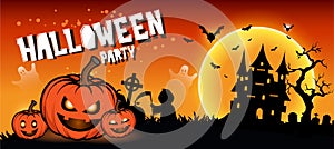 Halloween night background with full Moon, Halloween banners with pumpkins