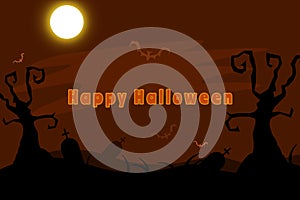 Halloween night background with the full moon, trees, and spooky bats