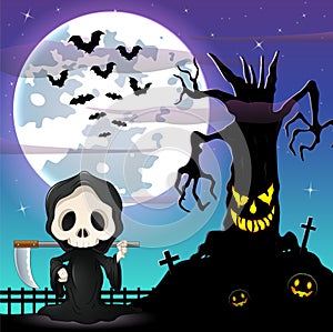 Halloween night background with Grim reaper and spooky tree in front the full moon