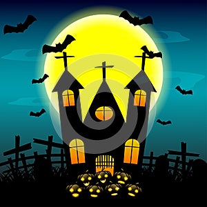 Halloween night background with haunted house and full moon.vector illustration.