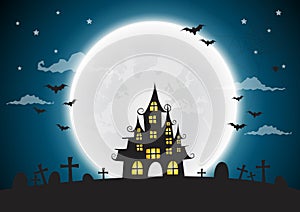 Halloween night background, haunted house and full moon