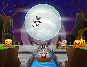 Halloween night background with kids in different costume