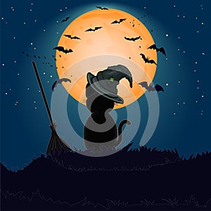 Halloween black cat with witch hat against full moon on hill.