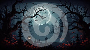 Halloween night background, Moon and bats, spooky graveyard illustration, Generative AI