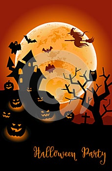 Halloween night background with a moon, haunted house, cemetery, pumpkins and a flying witch