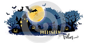 Halloween night background with a moon, haunted house, cemetery, pumpkins and a flying witch