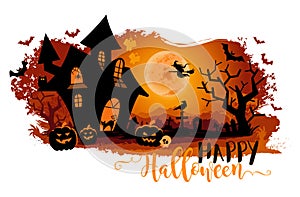 Halloween night background with a moon, haunted house, cemetery, pumpkins and a flying witch