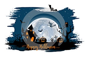 Halloween night background with a moon, haunted house, cemetery, pumpkins and a flying witch