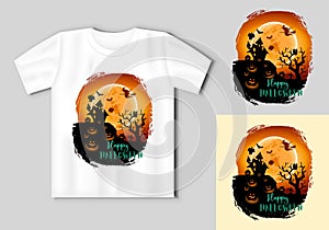 Halloween night background with a moon, haunted house, cemetery, pumpkins. Halloween concept with t-shirt mockup