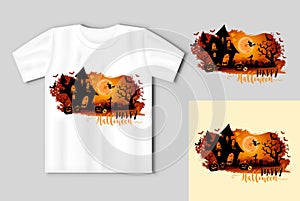 Halloween night background with a moon, haunted house, cemetery, pumpkins. Halloween concept with t-shirt mockup