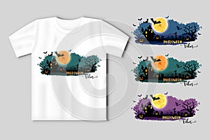 Halloween night background with a moon, haunted house, cemetery, pumpkins. Halloween concept with t-shirt mockup