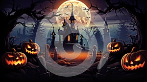 Halloween night background, Moon over the castle, scary pumpkins, graveyard illustration, Generative AI