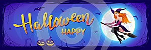 Halloween night background with Moon and redhead sexy witch on a broomstick, bats and Jack O\' Lanterns. Vector poster