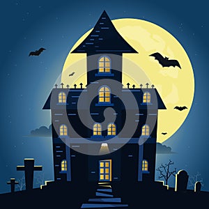 Halloween night background with pumpkin and dark castle under th
