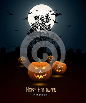 Halloween night background with pumpkin and full moon