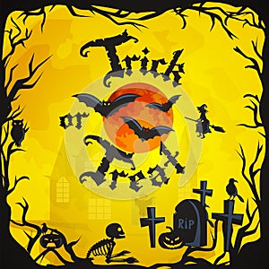 Halloween night background with pumpkin full moon and trick or treat text vector illustration