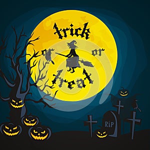 Halloween night background with pumpkin full moon and trick or treat text vector illustration