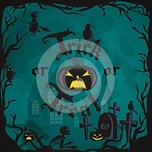 Halloween night background with pumpkin full moon and trick or treat text vector illustration