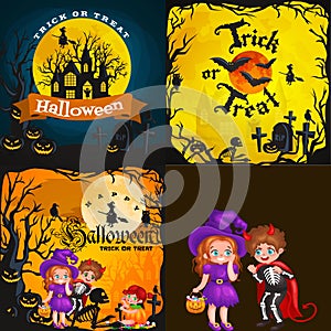 Halloween night background with pumpkin full moon and trick or treat text vector illustration