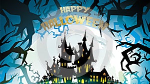 Halloween night background with pumpkin, haunted house, castle and full moon. Flyer or invitation template for banner, party, Invi