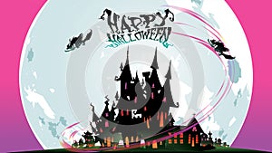 Halloween night background with pumpkin, haunted house, castle and full moon. Flyer or invitation template for banner, party, Invi