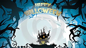 Halloween night background with pumpkin, haunted house, castle and full moon. Flyer or invitation template for banner, party, Invi