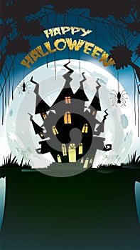 Halloween night background with pumpkin, haunted house, castle and full moon. Flyer or invitation template for banner, party, Invi