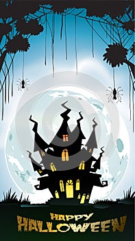 Halloween night background with pumpkin, haunted house, castle and full moon. Flyer or invitation template for banner, party, Invi