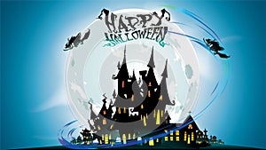 Halloween night background with pumpkin, haunted house, castle and full moon. Flyer or invitation template for banner, party, Invi