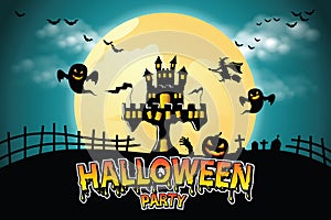 Halloween night background with pumpkin, haunted house and full