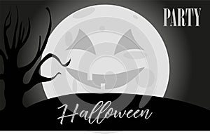 Halloween night background with pumpkin, haunted house and full moon. Flyer or invitation template for Halloween party