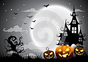 Halloween night background with pumpkin, haunted house and full moon