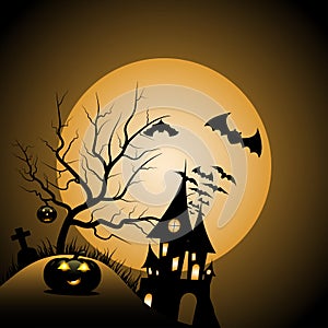 Halloween night background with pumpkin, haunted house and full moon - vector illustration