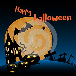 Halloween night background with pumpkin, haunted house and full moon - vector illustration