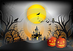 Halloween night background with pumpkin, haunted house and moon. Vector illustration