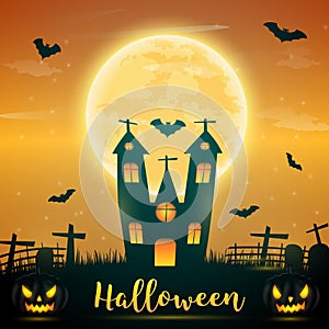 Halloween night background with pumpkin, naked trees, bat haunted house and full moon on dark background.