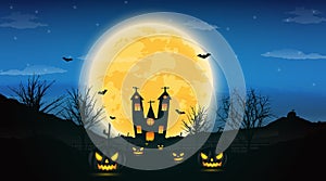 Halloween night background with pumpkin, naked trees, bat haunted house and full moon on dark background