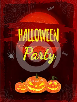 Halloween night background with pumpkin and red full moon. Flyer or invitation template for Halloween party. Vector