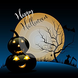 Halloween night background with pumpkin, tree carcass and full moon - vector illustration