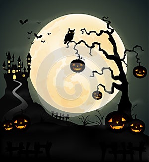 Halloween night background with pumpkin, tree and full moon.