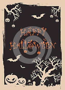 Halloween night background, pumpkins and bat. Halloween poster black and white