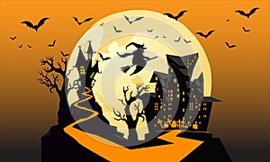 Halloween night background, pumpkins, bat, tree, moon and dark castle. photo