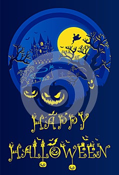 Halloween night background, pumpkins and dark castle. Halloween dark blue poster.